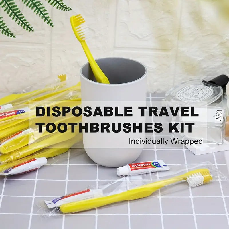Disposable Toothbrushes with Toothpaste, 200 Pack Yellow Hollow Individually Wrapped Disposable Travel Toothbrushes Kit in Bulk for Homeless, Nursing Home, Hotel, Charity