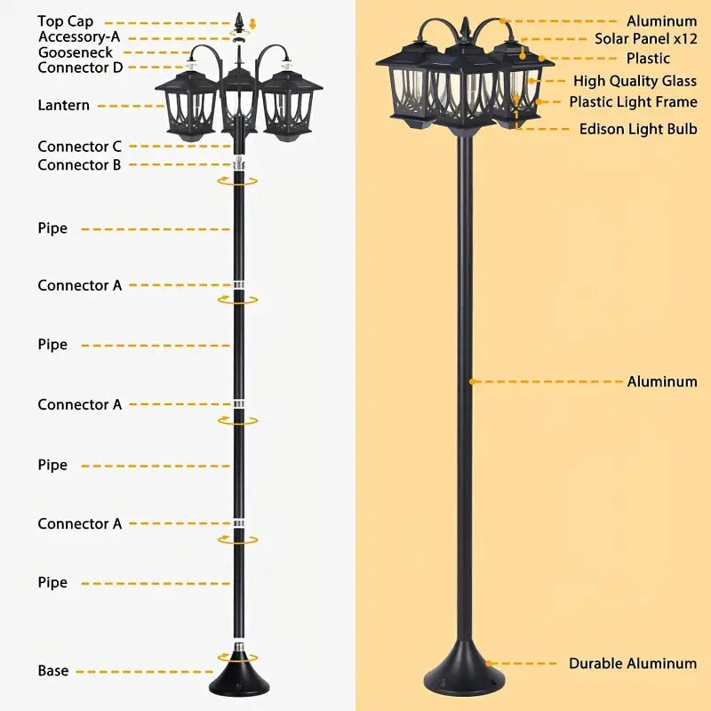 1pc Solar-Powered Outdoor Lamp Post Lighting, 3-Head Dusk to Dawn Black Polished Metal Post Lights for Backyard, Garden, Patio, Driveway, Pathway, and Porch