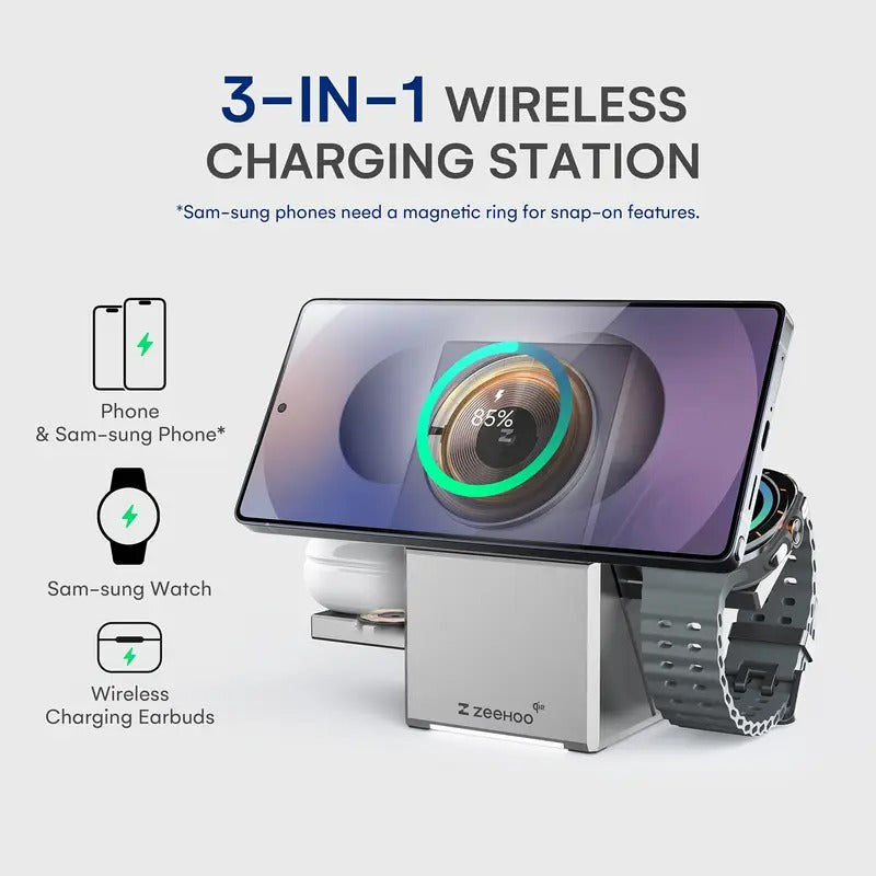 ZEEHOO 3 in 1 Charging Station for Samsung, Qi215W Fast Charging, Rotating Wireless Charger Stand Compatible for Samsung for galaxy S25/S24/S23/S22/S21/Note20 for galaxy Watch7/6/5/4/3 for galaxy Buds3