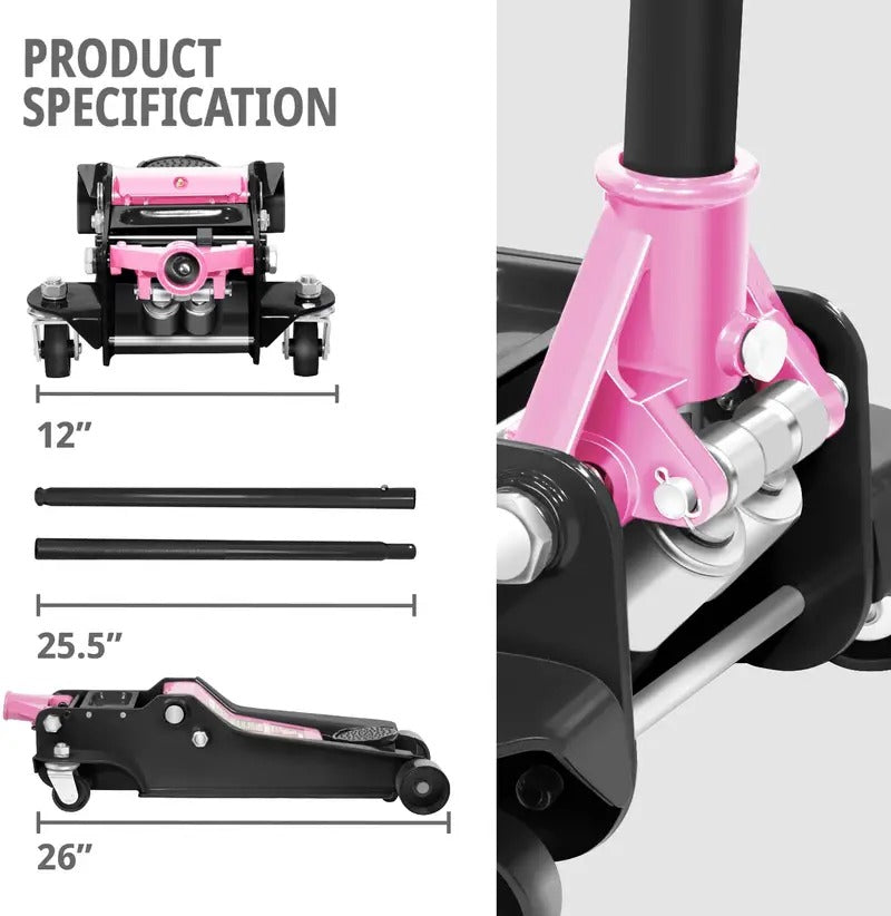 DNA Motoring Floor Jack 4 Ton (8000 lbs) Capacity, Fast Lift Low Profile Hydraulic Trolley Jack, Steel Heavy-Duty Service Car Jack, Lifting Range 4.5"-20", Pink