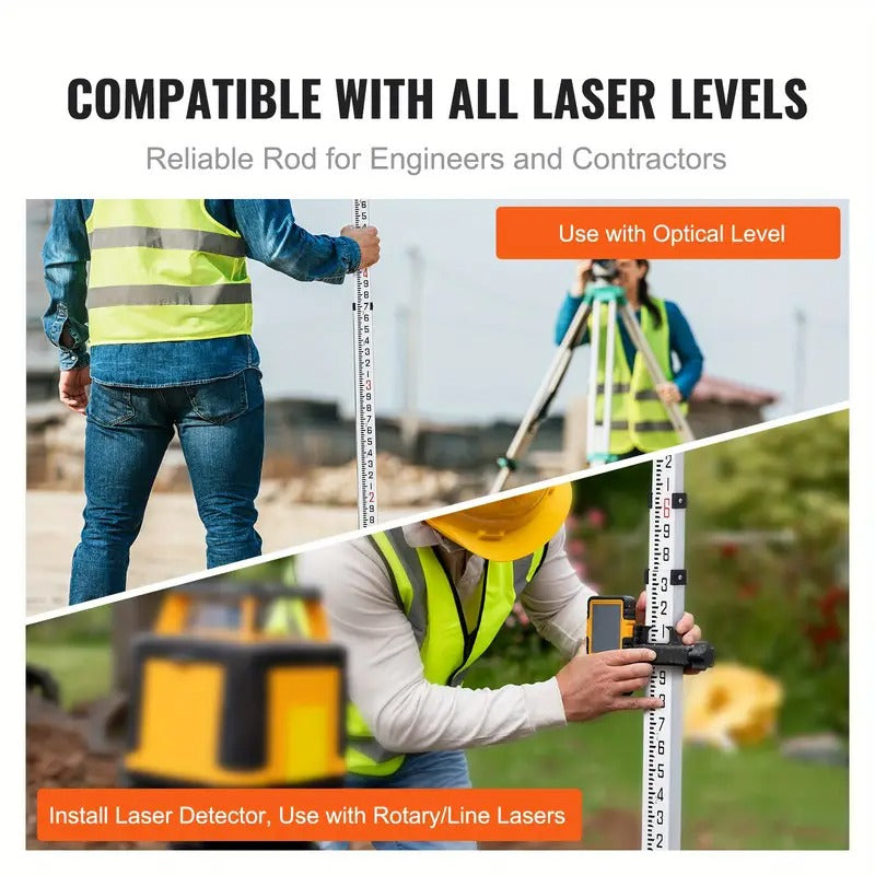 Happybuy 25ft Aluminum Measuring Rod, Dual-Sided 1/10ft Leveling Stick with Bubble Level & Carrying Bag - Ideal for Home, Wall, and Floor Surveying