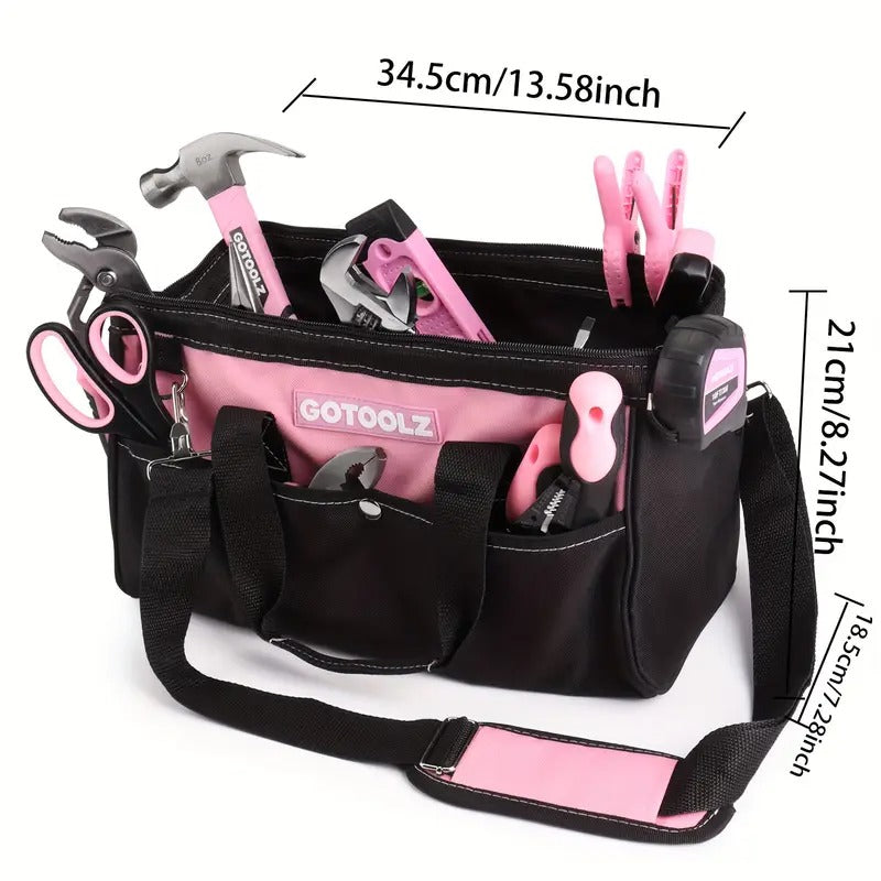 240-Piece Pink Home Tool Kit - Ladies Basic Tool Set For House With 14-Inch Wide Mouth Open Tool Bag - General Household Hand Tool Set For Home Repair, Maintenance And Improvement