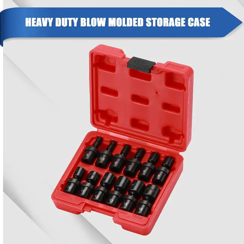 12pcs 1/4" Drive Metric Shallow Universal Impact Socket Set, 12pcs 1/4-Inch Drive Shallow Universal Impact Socket Set, Shallow, CR-MO, 6-Point, Swivel Socket with Flexible Wobble, Metric,