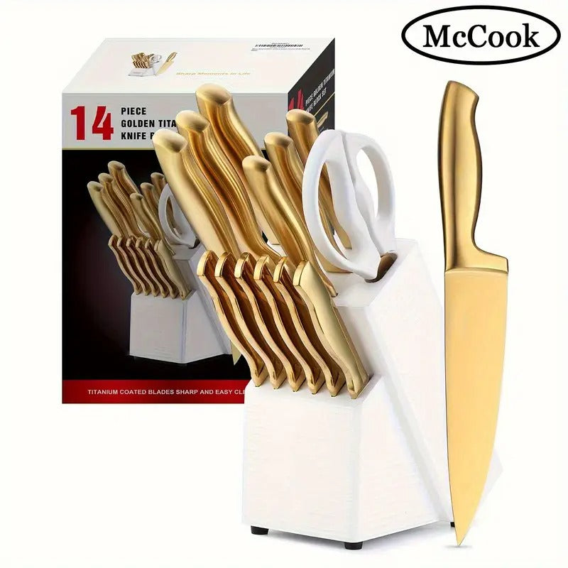 Golden Knife Set with Knife Holder, 6/14pcs Knife Set with Knife Holder, Golden Kitchen Knife Set, Stainless Steel, Ergonomic Design, Professional Ultra-Sharp Kitchen Knives,