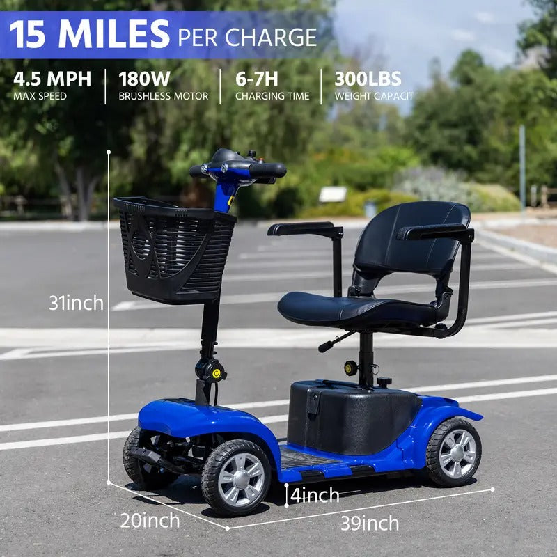 Folding 4 Wheel Electric Scooter - 250W Motor, 15.5 Mile Range, 8” Solid Tires, 265 Lbs Weight Capacity, Removable Basket, Front Light - Perfect Gift