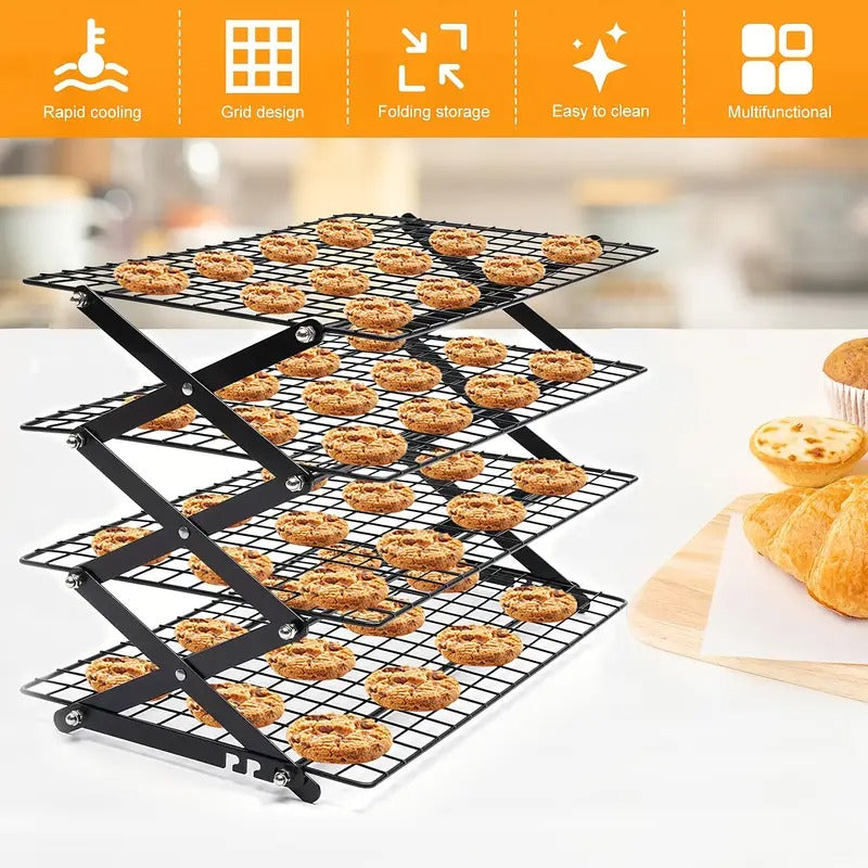 Four-layer Foldable Cooling Rack With Baking Tool Set - Stackable Oven Cookie Cake Drying Rack. BBQ Grill Mesh Tray For Camping, Kitchen Storage & Holiday Baking Gifts