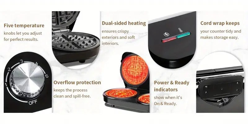 Double Waffle Maker 6 Inch, 1400W Belgian Waffle Maker for Breakfast and Snacks, Stainless Steel Waffle Iron with Nonstick Plates, Temperature Knob, Cool-Touch Handles