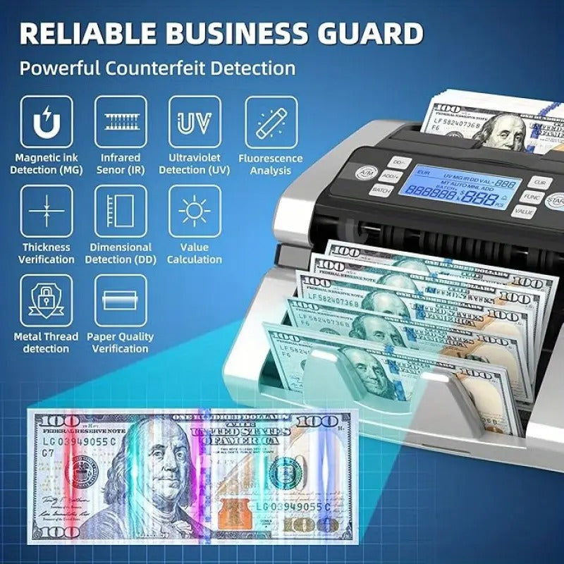 Money Counter Machine, Value Counting, UV/MG/IR/MT/DD Counterfeit Detection, USD/EUR Bill Counter, Add and Batch Modes, Cash Counting Machine 1300 Bills/min