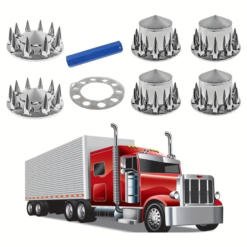 Chrome Front And Rear Axle Complete Wheel Cover Set 33mm Screw-on Lug Nut Covers For Semi Trucks (Installation Tool Included) Standart Hub Caps Kit