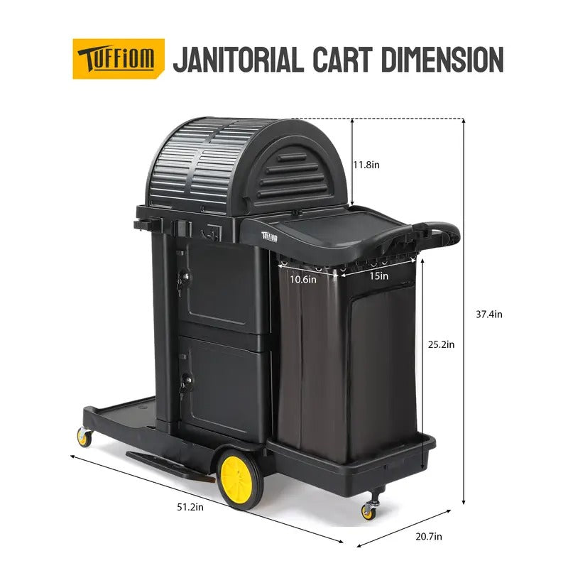Industrial Service Cart w/Locking Cabinet - Heavy Duty 3-Tier Utility Cart on Wheels for Hotel, Hospital, Janitorial & Facility