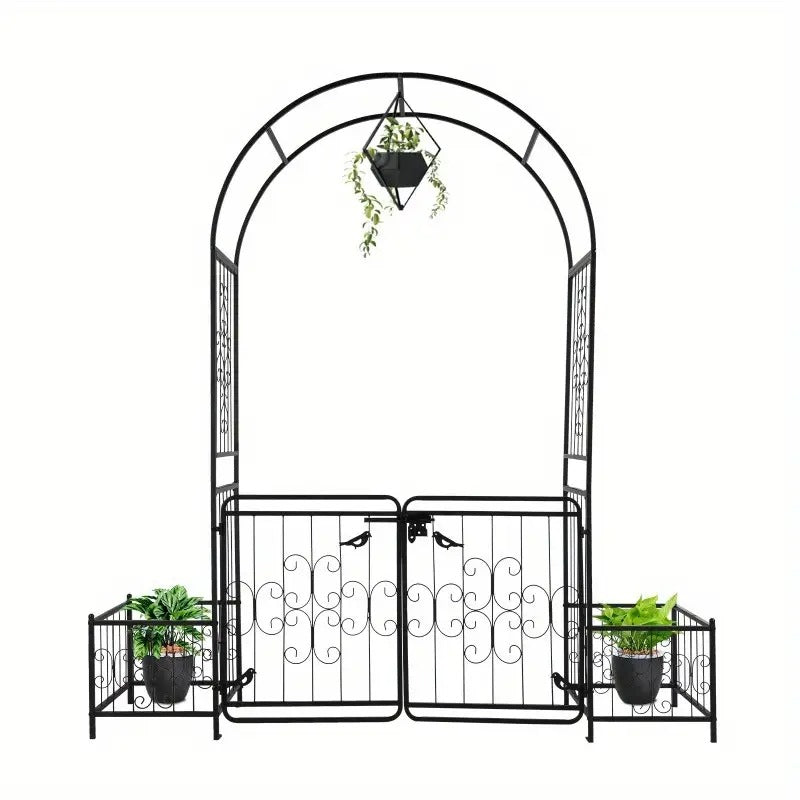 7.2ft Black Metal Garden Arch with Door and Planter Holders, Modern Style, 16mm Tubular Iron Arbor for Courtyard Decor