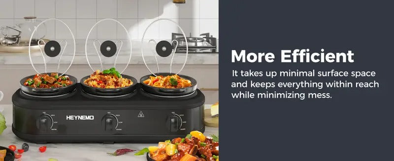 Triple Slow Cooker, 3 X 1.5QT Slow Cooker with 3 Cooking Settings, Buffet Servers and Warmers with Dishwasher-Safe Ceramic Pot, Glass Lid, Black