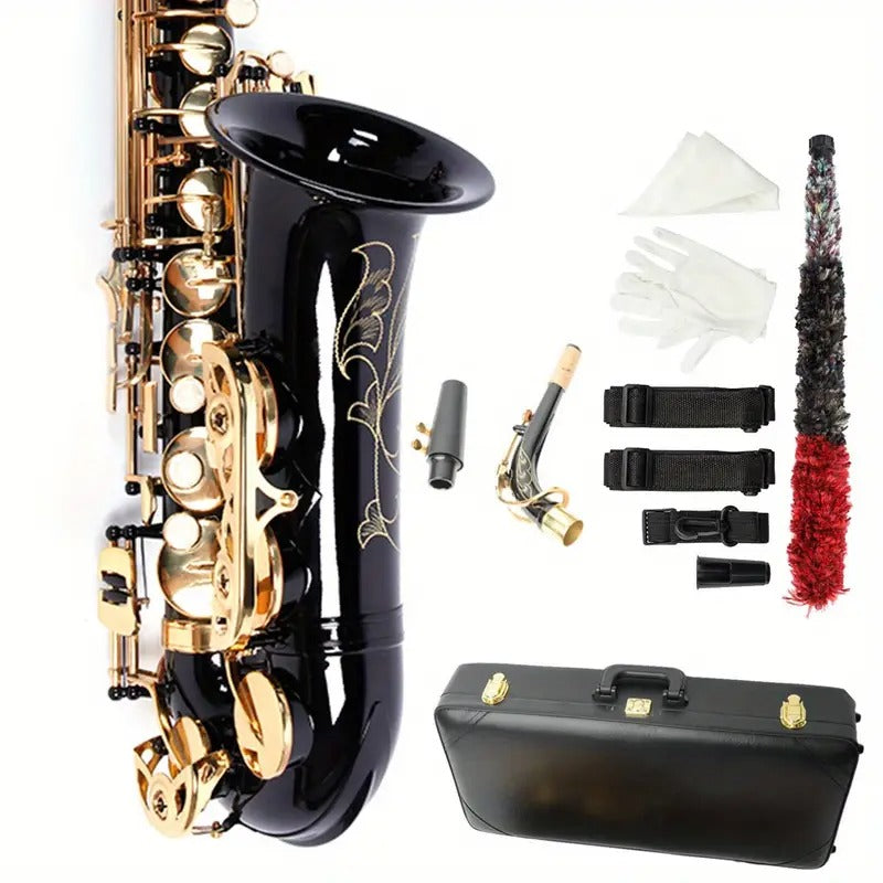Be Brass Carving Pattern Pearl White Shell Button Saxophone with Strap Black