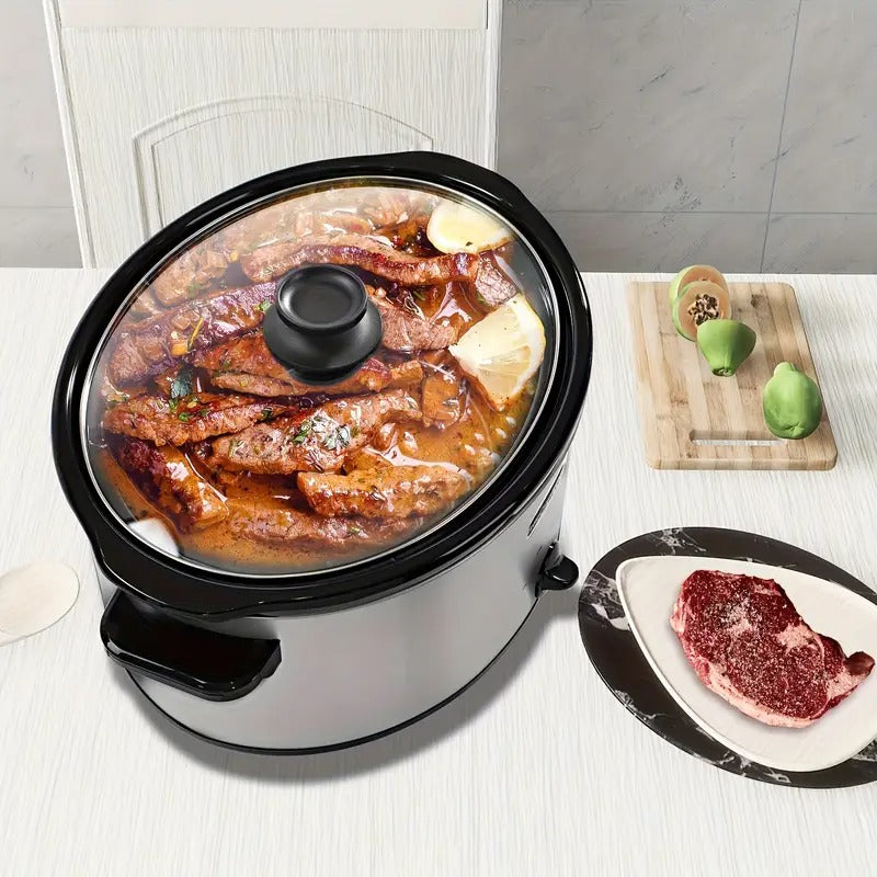 1pc 7 Quart Slow Cooker Oval Manual Pot with 3 Cooking Settings for Holiday Feast, Family Dinner, Stainless Steel Fashion Style