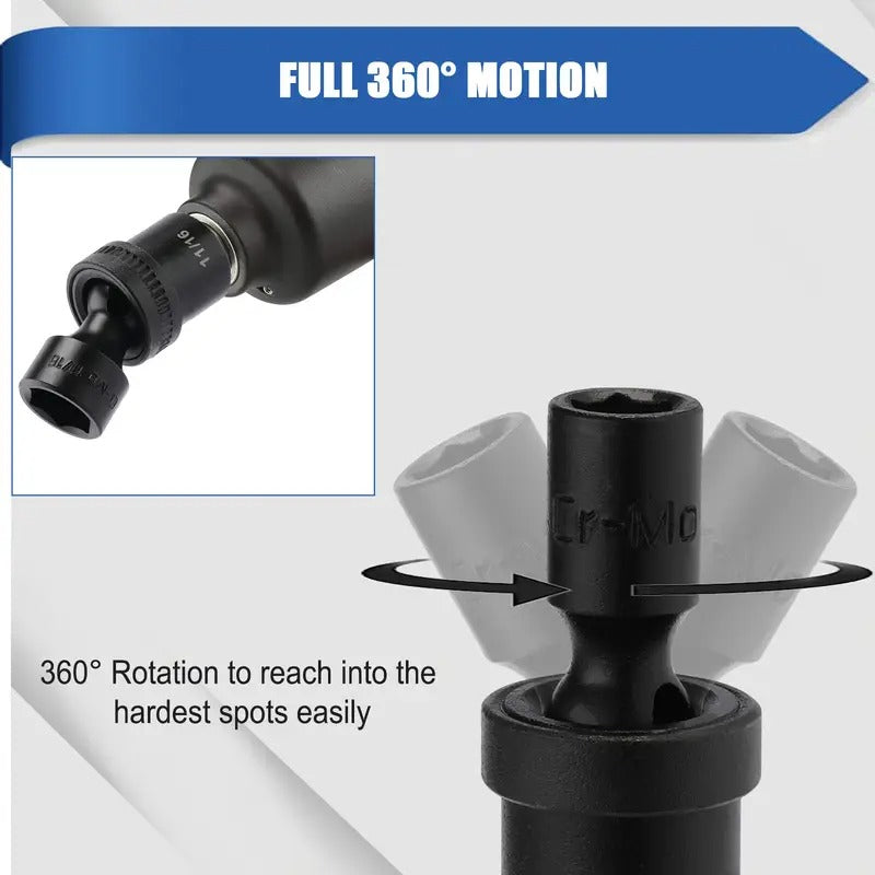 12pcs 1/4" Drive Metric Shallow Universal Impact Socket Set, 12pcs 1/4-Inch Drive Shallow Universal Impact Socket Set, Shallow, CR-MO, 6-Point, Swivel Socket with Flexible Wobble, Metric,