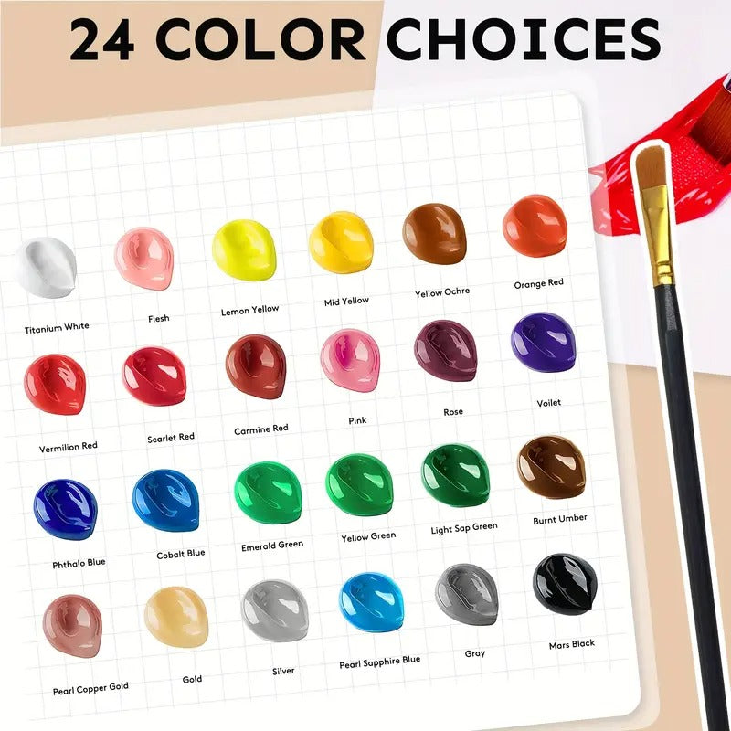 [High Pigment Artist Paint Set] 24 Bottle High Pigment Artist Paint Set with 12 Quality Brushes | Lasting Colors for Canvas Ceramic Fabric - Beginner to Pro Art Supplies (2oz Each)