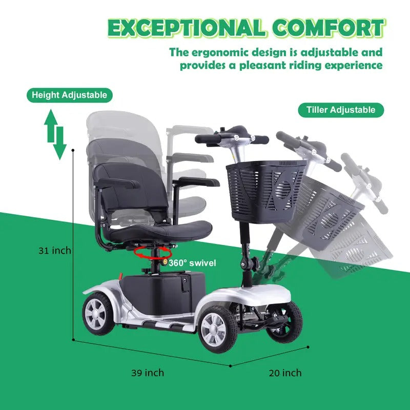 Comfortable & Convenient 10 Miles Long Range 4 Wheel Electric Mobility Scooter w/180W Motor for Seniors, Assemble Required, Up to 300Lbs Capacity, SILVER with Baskets