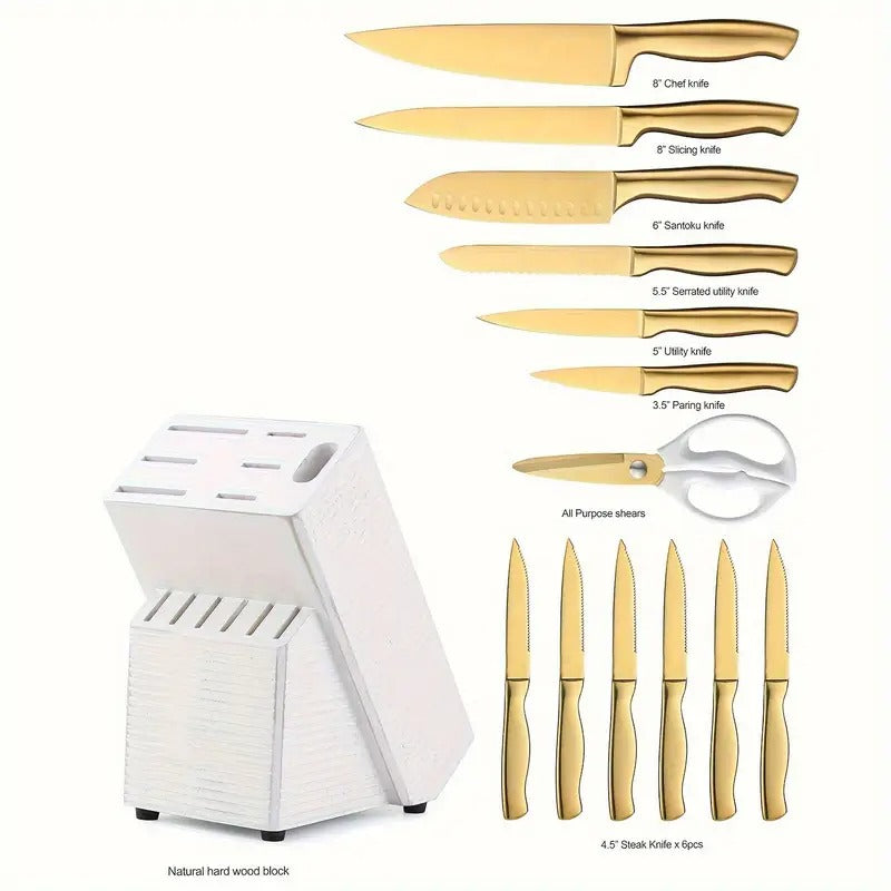 Golden Knife Set with Knife Holder, 6/14pcs Knife Set with Knife Holder, Golden Kitchen Knife Set, Stainless Steel, Ergonomic Design, Professional Ultra-Sharp Kitchen Knives,