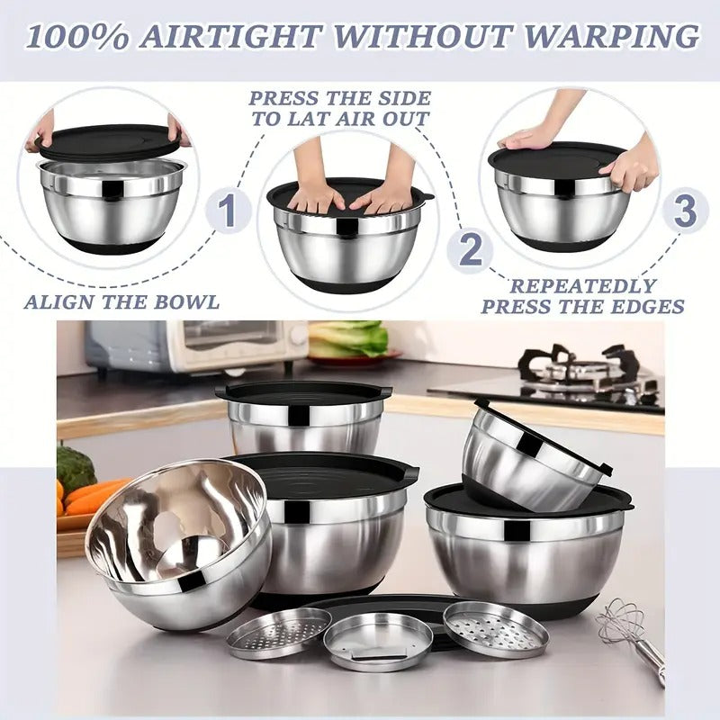 8pcs Stainless Steel Mixing Bowl Set - Airtight Lids, Non-Slip Base, Perfect for Baking, Serving, Storing