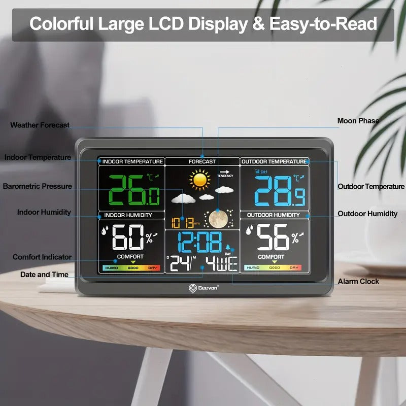 [Wireless Weather Station] 1pc Geevon Weather Station, Wireless Indoor Outdoor Thermometer, Color Display, Digital Temperature Gauge with Barometer, Calendar, USB Charge And Adjustable Backlight (The host does not have a