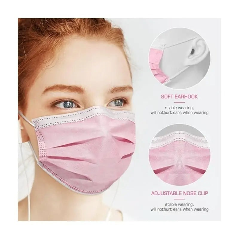100Pcs Pink Disposable Face 3-Ply Filter Breathable Earloop Masks