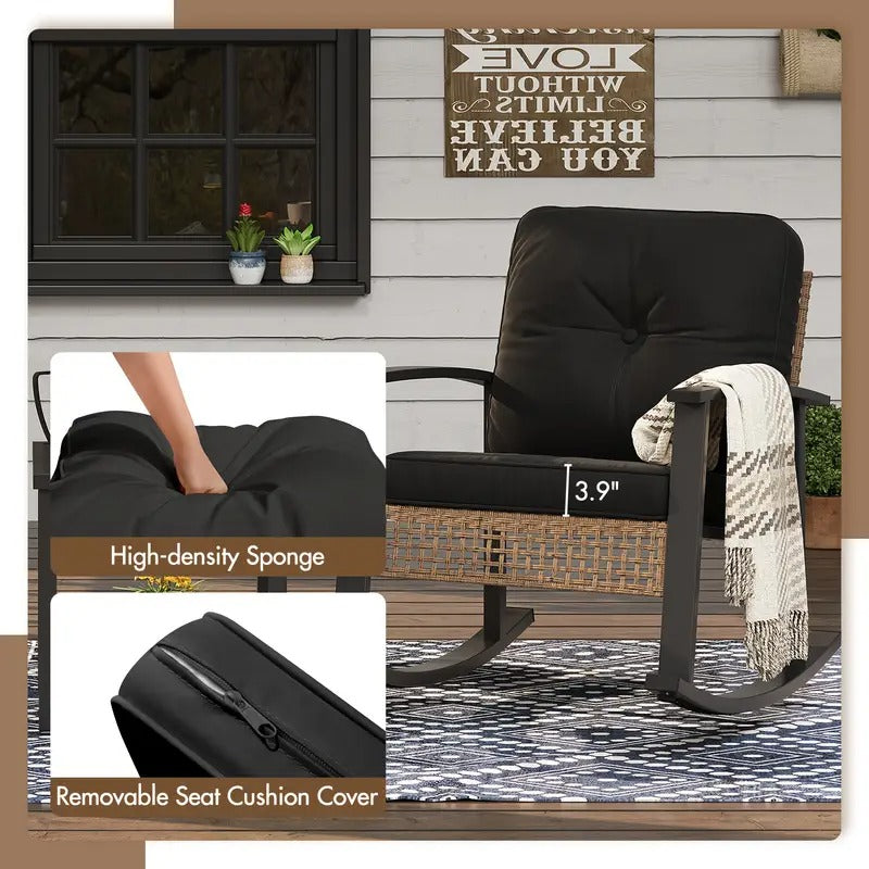 3pcs Outdoor Wicker Rocking Bistro Set, Patio Furniture with Coffee Table & Thick Cushions, 2 Rattan Rocking Chairs for Porch, Garden, Balcony, Backyard, Black