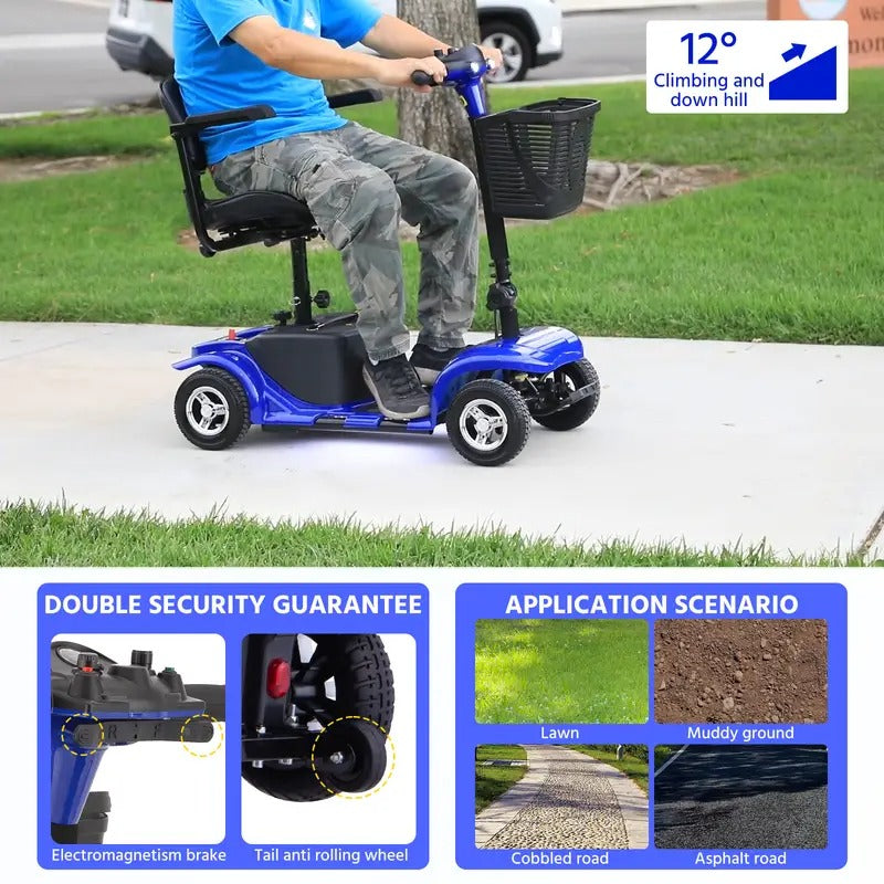 Folding 4 Wheel Electric Scooter - 250W Motor, 15.5 Mile Range, 8” Solid Tires, 265 Lbs Weight Capacity, Removable Basket, Front Light - Perfect Gift