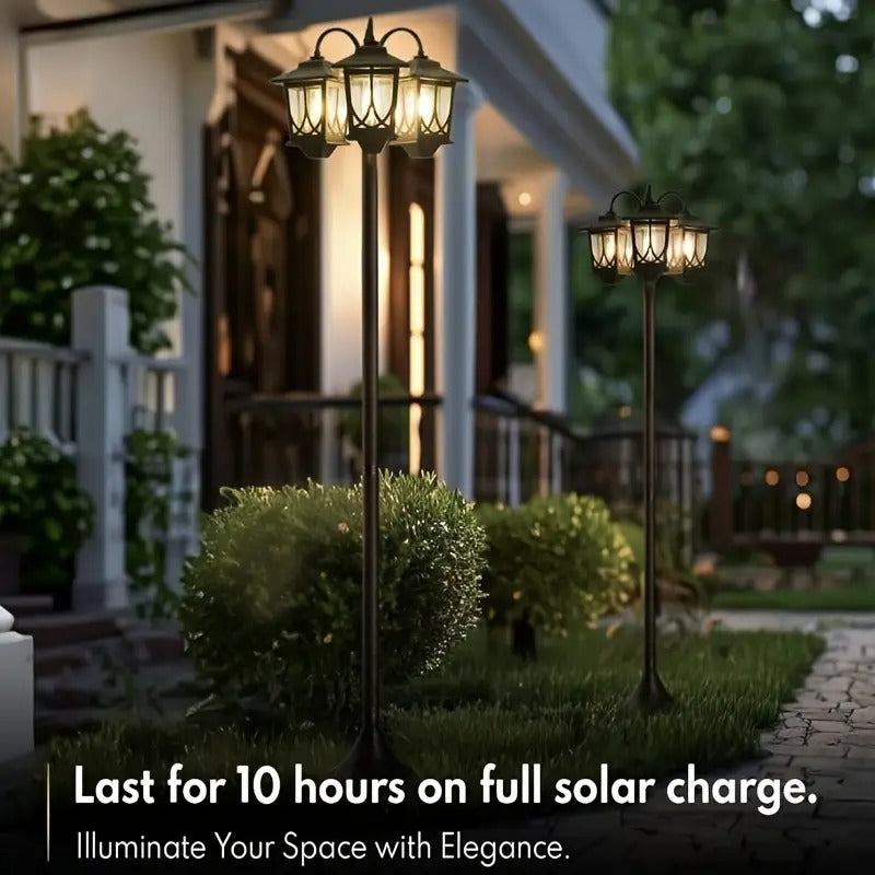 1pc Solar-Powered Outdoor Lamp Post Lighting, 3-Head Dusk to Dawn Black Polished Metal Post Lights for Backyard, Garden, Patio, Driveway, Pathway, and Porch