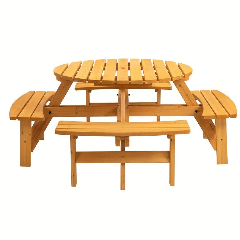 [Wooden Picnic Table] 8 Person Wooden Picnic Table | Outdoor Camping Dining Table with Seat, Garden, DIY W/ 4 Built-in Benches, 2220lb Capacity - Natural Easter