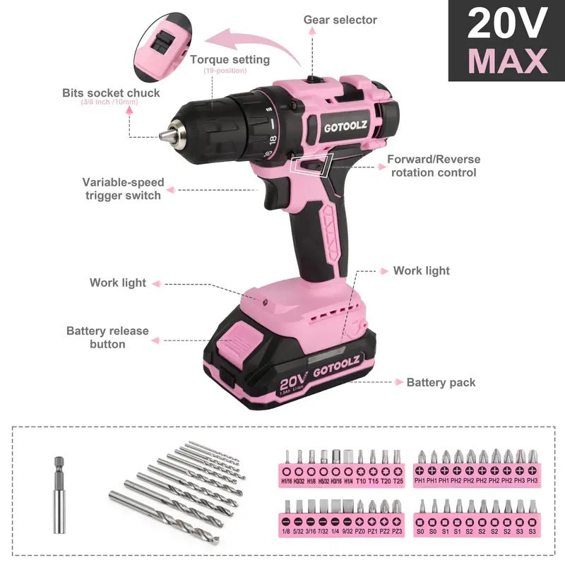 253-Piece 20V Pink Cordless Lithium-ion Drill Driver And Home Tool Set, Lady's Repairing Kit With 12-Inch Wide Mouth Open Storage Bag