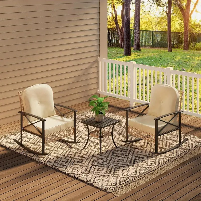 3pcs Patio Rattan Conversation Set, Outdoor Rocking Bistro Set, Wicker Patio Furniture with Thick Cushions Rocker Chair and 2-Tier Coffee Table for Garden, Porch, Backyard