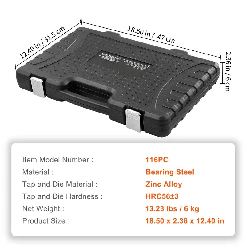 VEVOR Tap and Die Set, 116-Piece Include Metric and SAE Size, Bearing Steel Taps and Dies, Essential Threading Tool for Cutting External Internal Threads, with Complete Accessories and Storage Case
