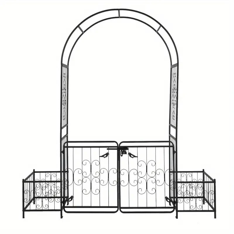 7.2ft Black Metal Garden Arch with Door and Planter Holders, Modern Style, 16mm Tubular Iron Arbor for Courtyard Decor
