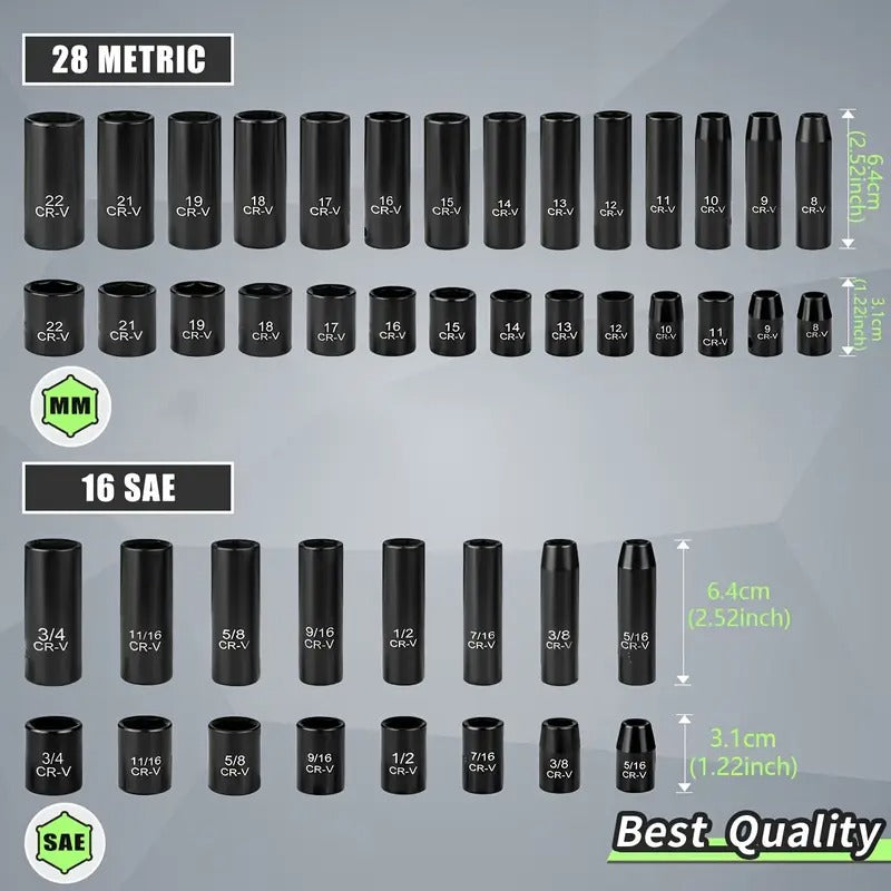 [Impact Socket Set] 3/8inch Drive Impact Socket Set, 50pcs Professional 6 Point Metric (8-22mm) & SAE (5/16-3/4Inch) Sockets, Chromium Vanadium Steel, with Adapters Ratchet Handle & Dedicated Suitcase Packaging. Nice Gifts