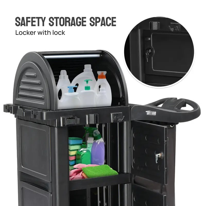 Industrial Service Cart w/Locking Cabinet - Heavy Duty 3-Tier Utility Cart on Wheels for Hotel, Hospital, Janitorial & Facility