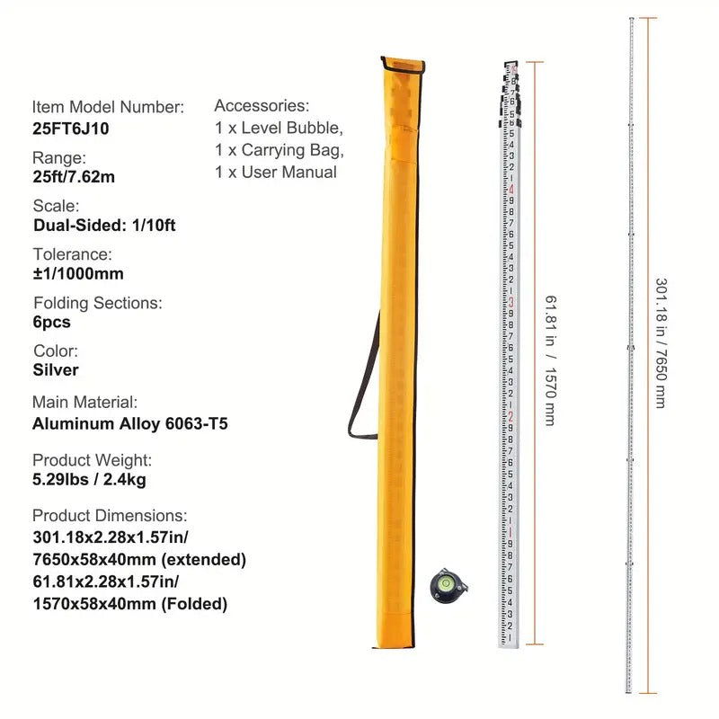 Happybuy 25ft Aluminum Measuring Rod, Dual-Sided 1/10ft Leveling Stick with Bubble Level & Carrying Bag - Ideal for Home, Wall, and Floor Surveying