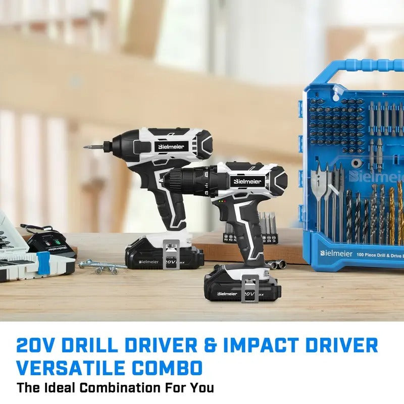 [20V Drill Driver Combo] Bielmeier 20V 2 Speed 3/8" Drill & 1/4" Impact Driver Combo Kit, Lightweight, 3200RPM Driving Speed, 1500RPM DRILLING Speed, With 33pcs Drive Bits And Sockets, Accessories Box, Tool Bag, Battery And Charger, For Home Repair, DIY