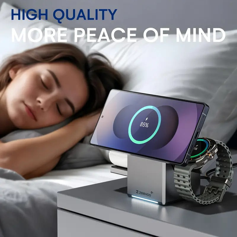 ZEEHOO 3 in 1 Charging Station for Samsung, Qi215W Fast Charging, Rotating Wireless Charger Stand Compatible for Samsung for galaxy S25/S24/S23/S22/S21/Note20 for galaxy Watch7/6/5/4/3 for galaxy Buds3