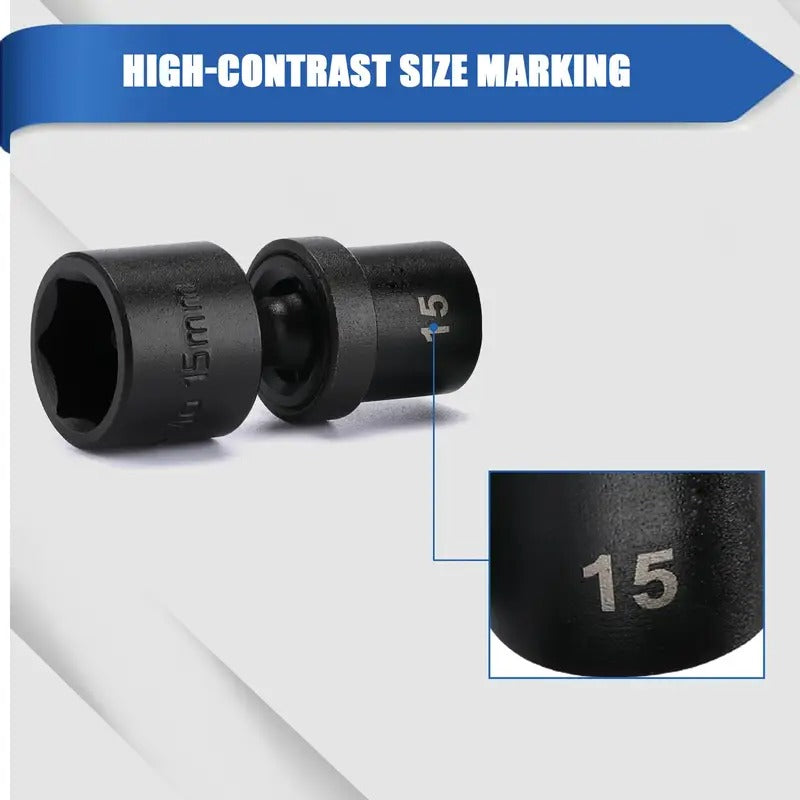 12pcs 1/4" Drive Metric Shallow Universal Impact Socket Set, 12pcs 1/4-Inch Drive Shallow Universal Impact Socket Set, Shallow, CR-MO, 6-Point, Swivel Socket with Flexible Wobble, Metric,