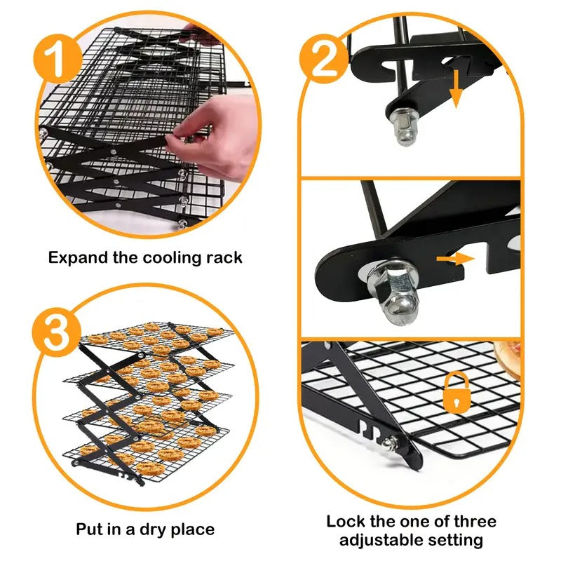 Four-layer Foldable Cooling Rack With Baking Tool Set - Stackable Oven Cookie Cake Drying Rack. BBQ Grill Mesh Tray For Camping, Kitchen Storage & Holiday Baking Gifts