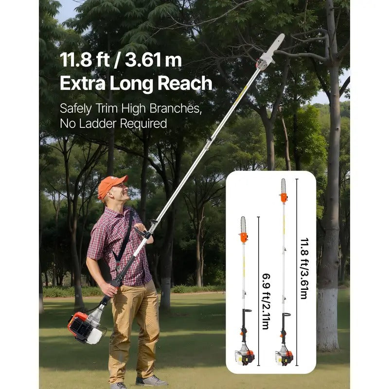 Gas Powered Pole Saw Rotatable Head 43CC 2-Stroke Tree Trimmer 10/12 in Cutting Bar