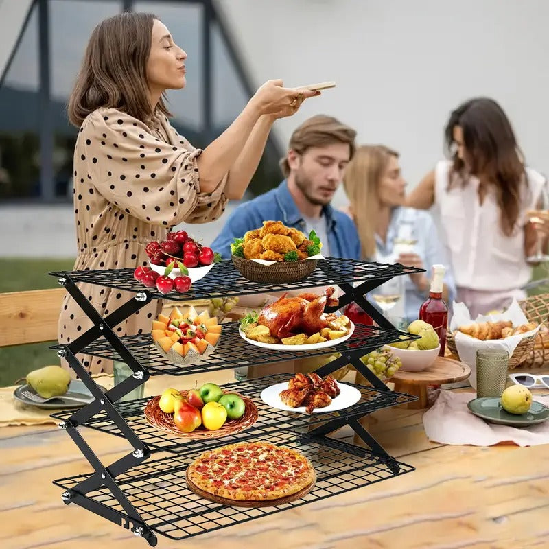 Four-layer Foldable Cooling Rack With Baking Tool Set - Stackable Oven Cookie Cake Drying Rack. BBQ Grill Mesh Tray For Camping, Kitchen Storage & Holiday Baking Gifts