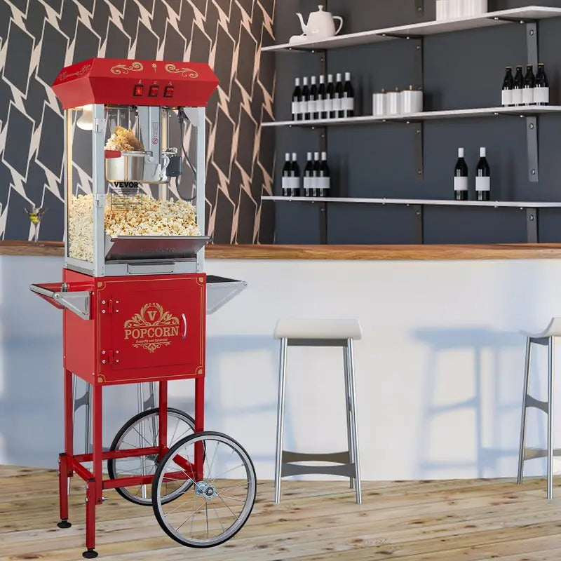 VEVOR Commercial Popcorn Machine, 8 Oz Kettle, 850 W Popcorn Maker on Wheels for 48 Cups per Batch, Popper with 3-Switch Control Steel Frame Tempered Glass Doors Cart 2 Scoops 2 Spoons, Red