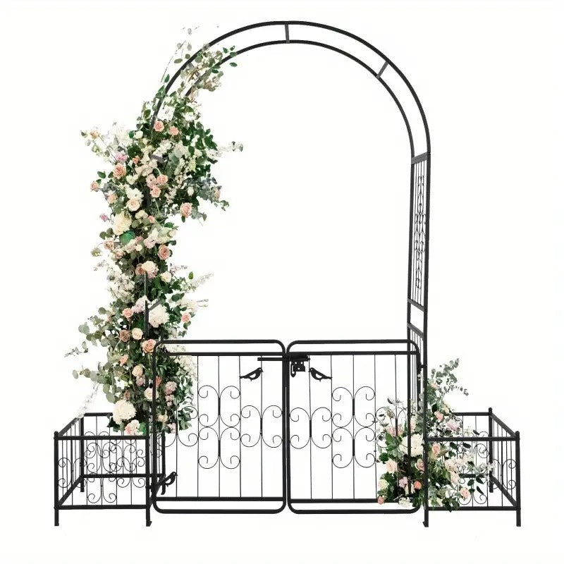 7.2ft Black Metal Garden Arch with Door and Planter Holders, Modern Style, 16mm Tubular Iron Arbor for Courtyard Decor