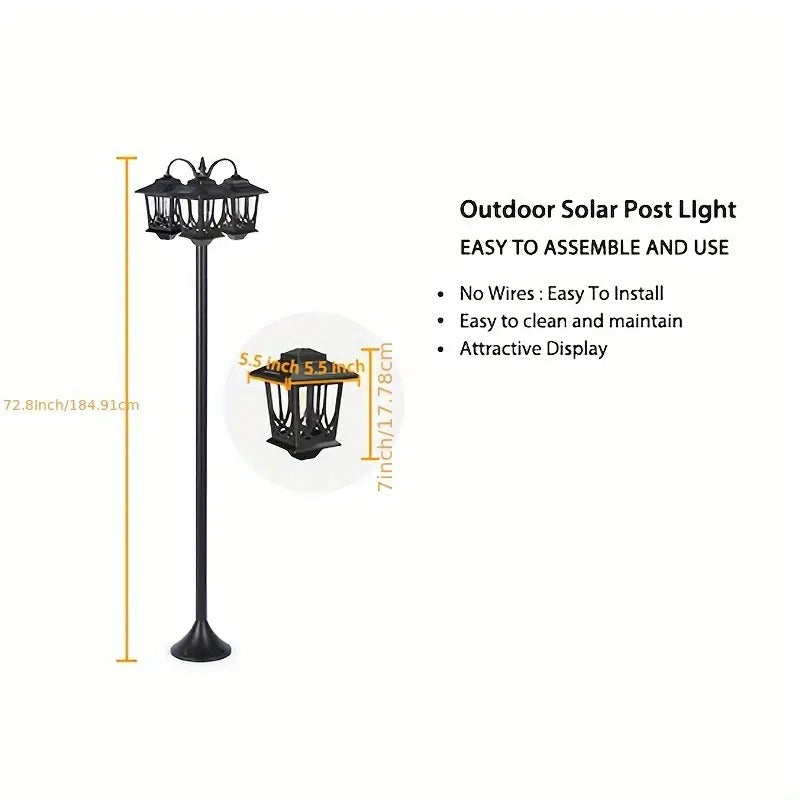 1pc Solar-Powered Outdoor Lamp Post Lighting, 3-Head Dusk to Dawn Black Polished Metal Post Lights for Backyard, Garden, Patio, Driveway, Pathway, and Porch