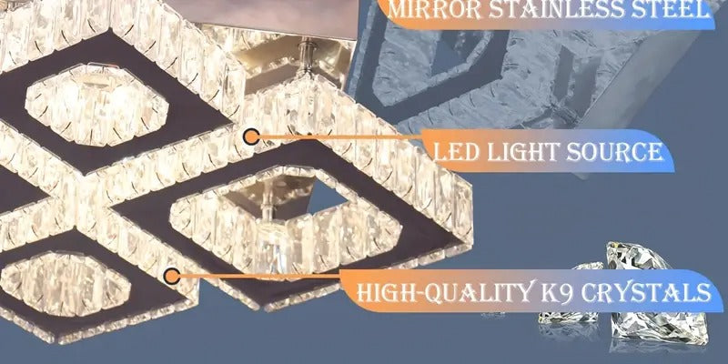 22" Modern Crystal Chandelier with Remote Control - 4-Light LED Flush Mount Ceiling Light, Polished Finish, Dimmable & Adjustable Brightness for Living Room, Bedroom, Kitchen,