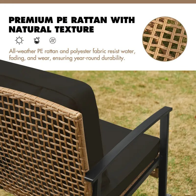 3pcs Outdoor Wicker Rocking Bistro Set, Patio Furniture with Coffee Table & Thick Cushions, 2 Rattan Rocking Chairs for Porch, Garden, Balcony, Backyard, Black