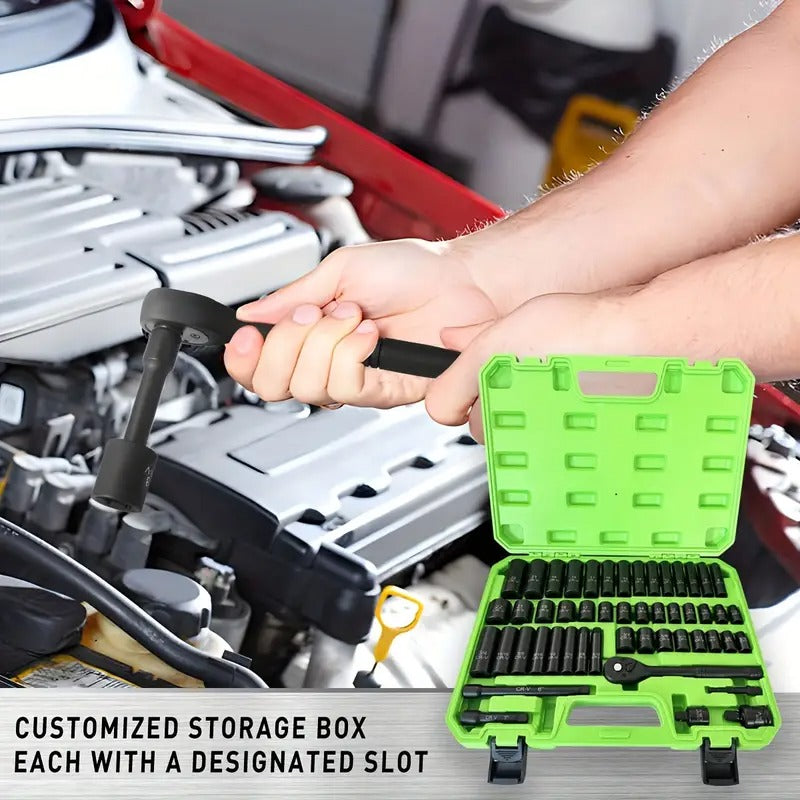 [Impact Socket Set] 3/8inch Drive Impact Socket Set, 50pcs Professional 6 Point Metric (8-22mm) & SAE (5/16-3/4Inch) Sockets, Chromium Vanadium Steel, with Adapters Ratchet Handle & Dedicated Suitcase Packaging. Nice Gifts