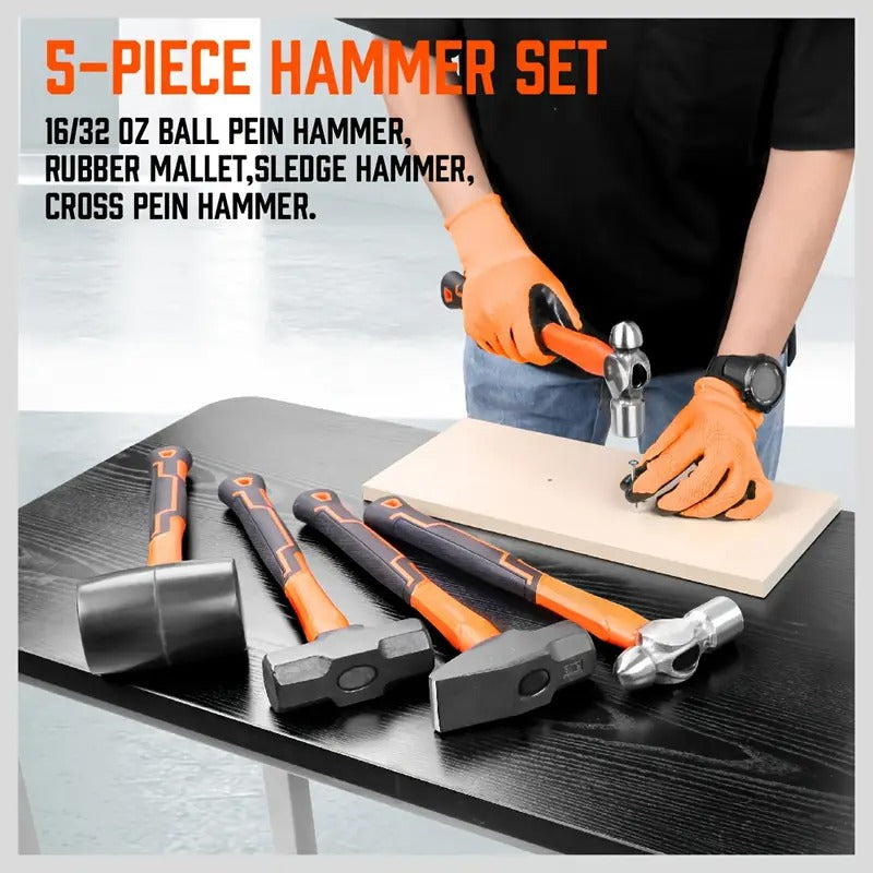 [5pcs HORUSDY Hammer] HORUSDY 5pcs Hammer Set | 16oz Ball Pein Hammer, 32oz Ball Pein Hammer, 32oz Rubber Mallet, 3lb Sledge Hammer, 3lb Cross Peen Hammer