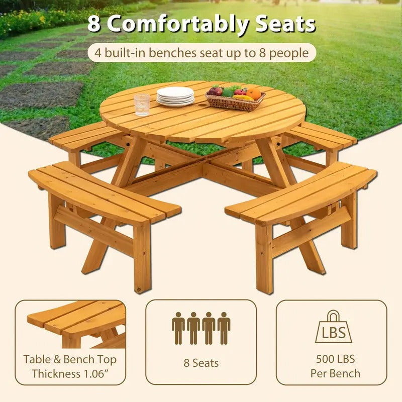 [Wooden Picnic Table] 8 Person Wooden Picnic Table | Outdoor Camping Dining Table with Seat, Garden, DIY W/ 4 Built-in Benches, 2220lb Capacity - Natural Easter